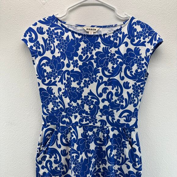 Boden Florrie Jersey Dress Knit Pocket Blue White 4 Cap Sleeves - Picture 6 of 12